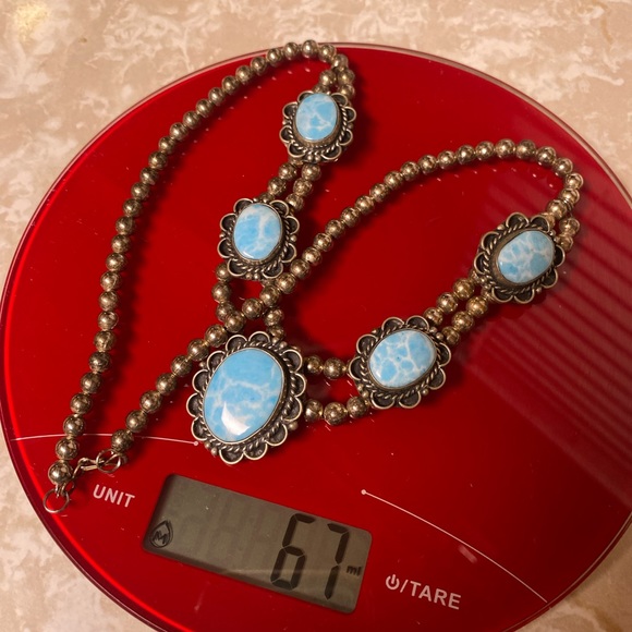 💕VINTAGE Southwestern Larimar(lab created) silver composite 5 stone necklace! - Picture 2 of 3